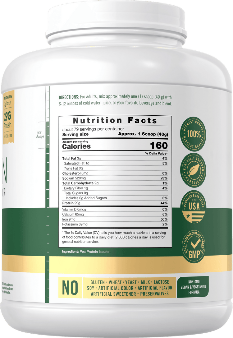 A hand holds a scale with 7 lb of pea protein powder, serving size approximately 1 scoop (40g).