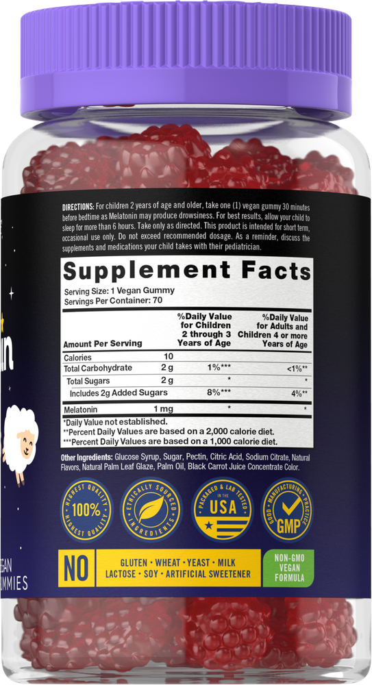 A clear jar holds red 1mg Kids Melatonin Vegan Gummies, promoting restful sleep for children.