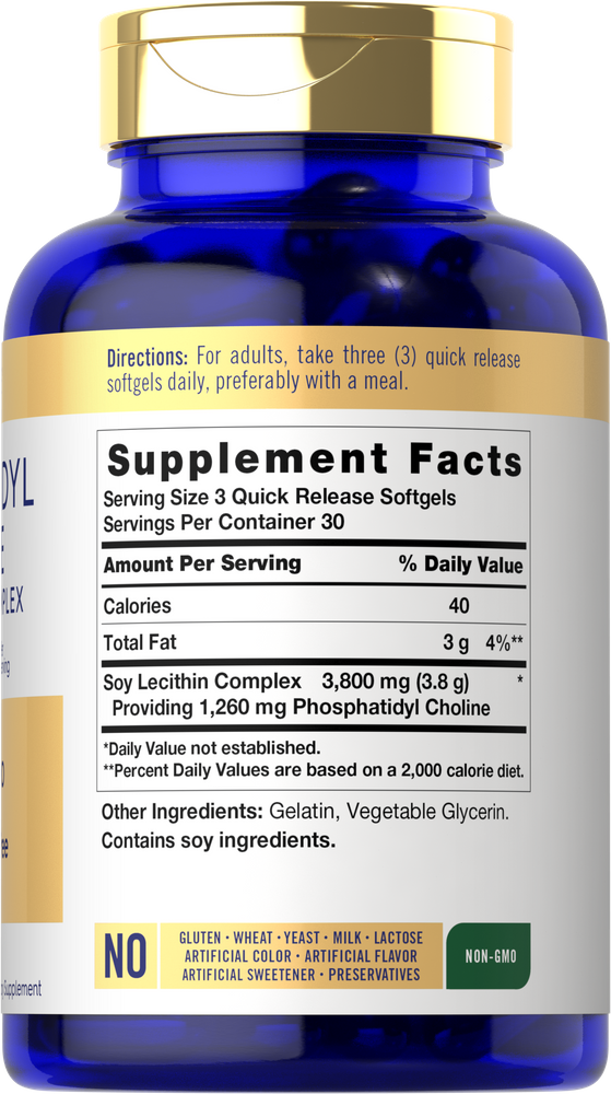 Three quick-release softgels with 3,800 mg soy lecithin complex and 1,260 mg phosphatidyl choline.