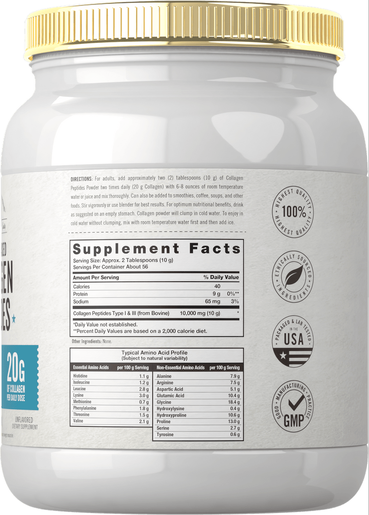 Collagen Peptides powder showing 10g per serving and 20g per daily dose.