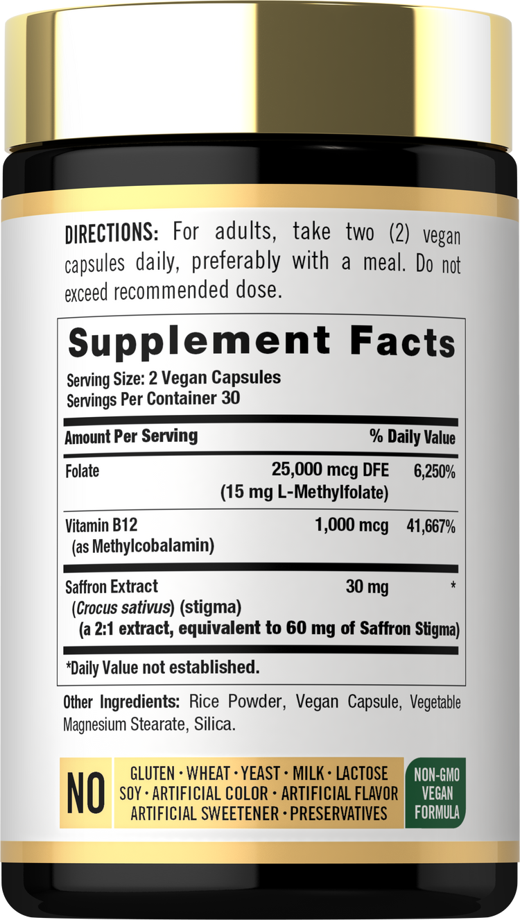 CL Methylfolate Saffron B12 contains 60 vegan capsules. Features a non-GMO, vegan-friendly formula.