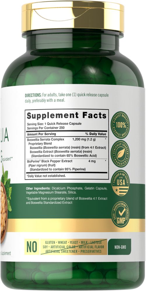Bottle of 250 green capsules, each 1200mg Boswellia, displayed on a hand scale.
