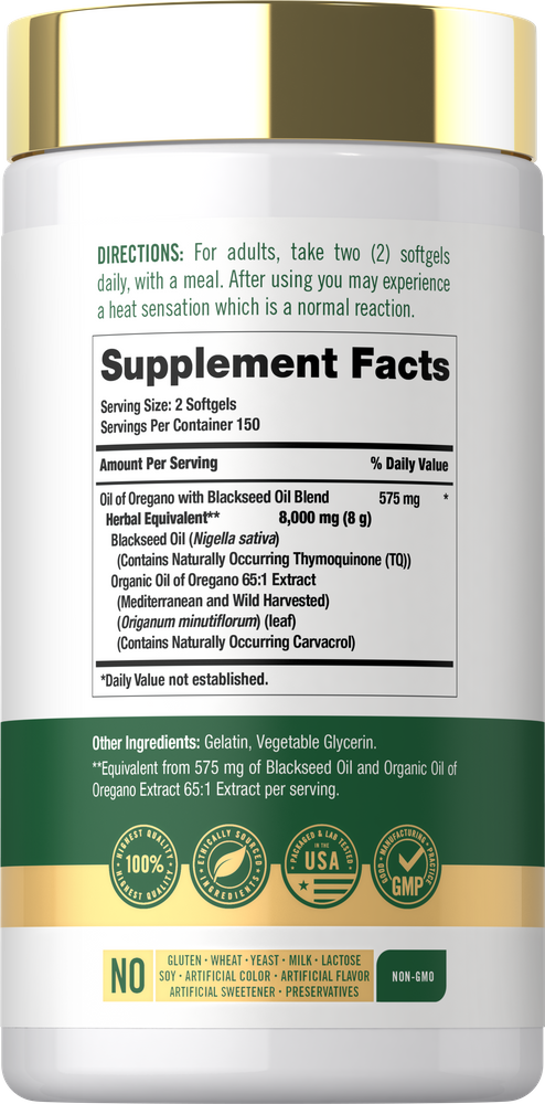 Supplement Facts for Carlyle Oregano Blackseed 8,000 mg, 300 Softgels, displayed on a bottle label.