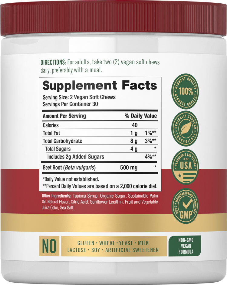 Vegan Beet Root Chew jar containing 60 soft chews, promoting a plant-based supplement option for health and wellness support.