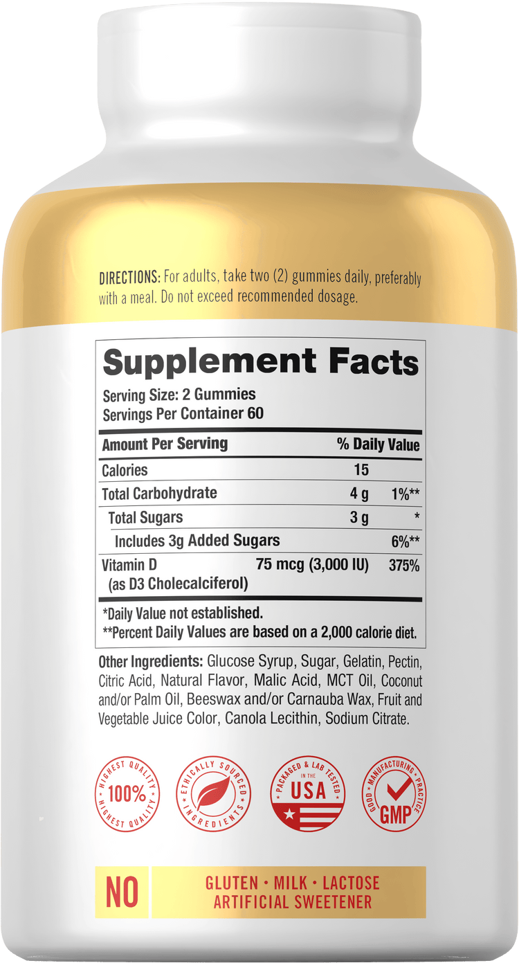 Supplement Facts panel for Carlyle D3 3,000 IU 120ct Gummies.