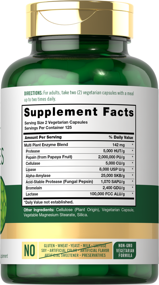 Carlyle Plant Enzymes bottle with 250 vegetarian capsules shown on a hand scale.