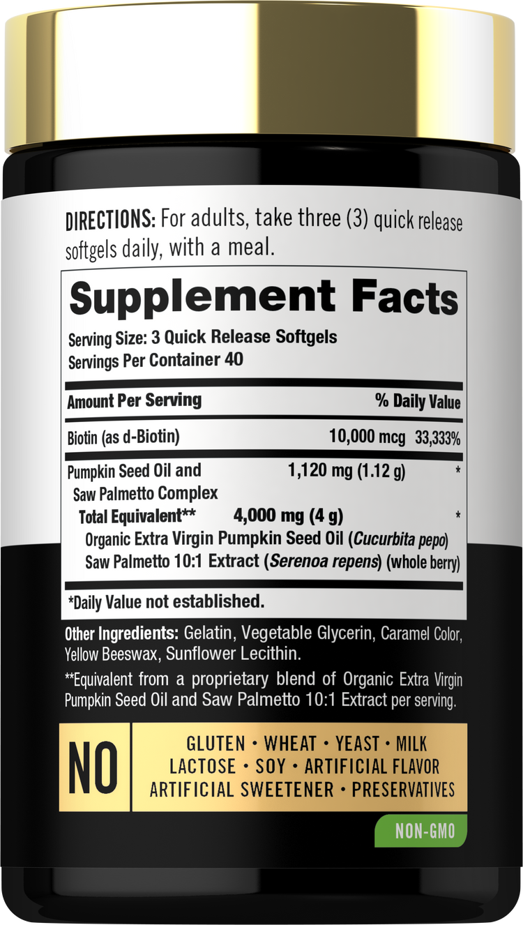 Supplement Facts for Pumpkin Seed Saw Palmetto, 120 softgels included.