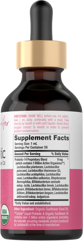 CL Carlyle Liquid Probiotic 2 fl oz dropper bottle with 1 mL serving size and 3 billion active organisms.