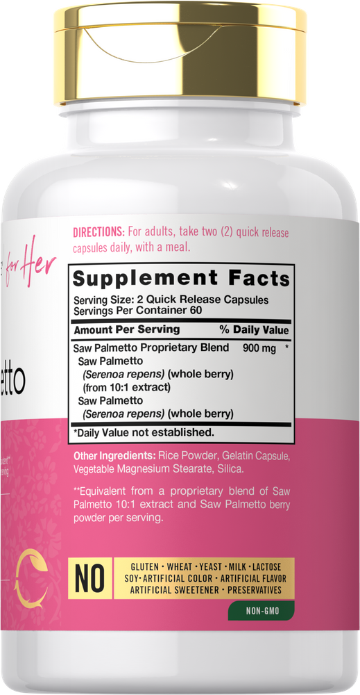 Carlyle Saw Palmetto Quick Release Capsules providing 900 mg per serving of 2 capsules, shown on a hand for scale.