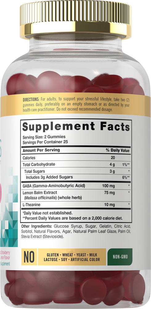 A hand holds a bottle of 50 Carlyle Stress red gummies, showcasing the scale of the bulk supplement.