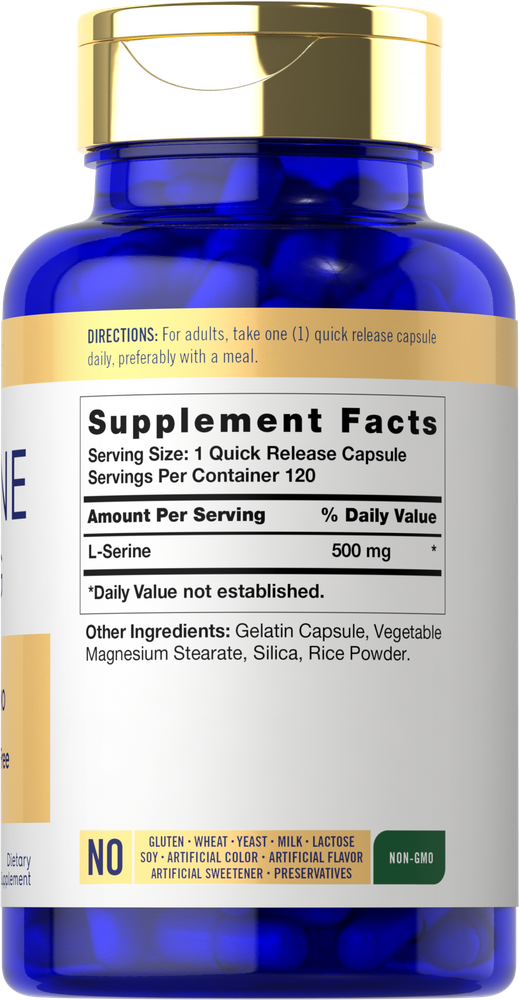 Hand holding L-Serine 500 mg Quick Release Capsules, demonstrating size and packaging in a bulk scale format.