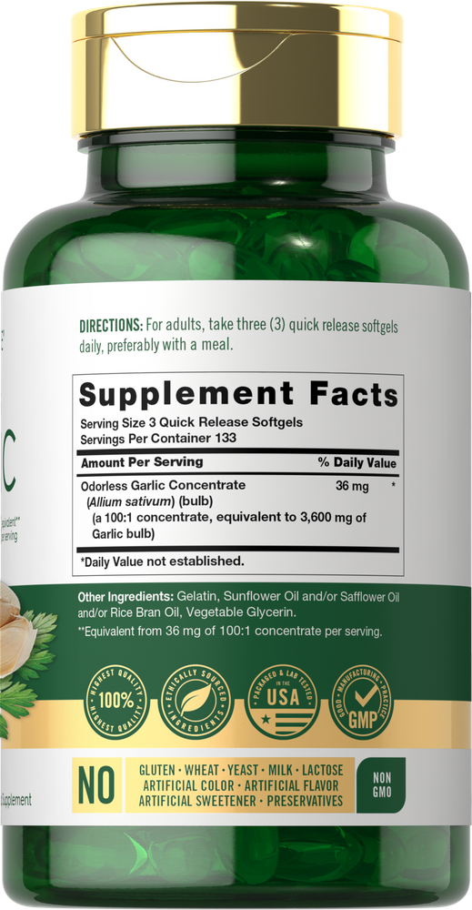Green Odorless Garlic 3600 mg, 400 softgels, fill a green bottle.