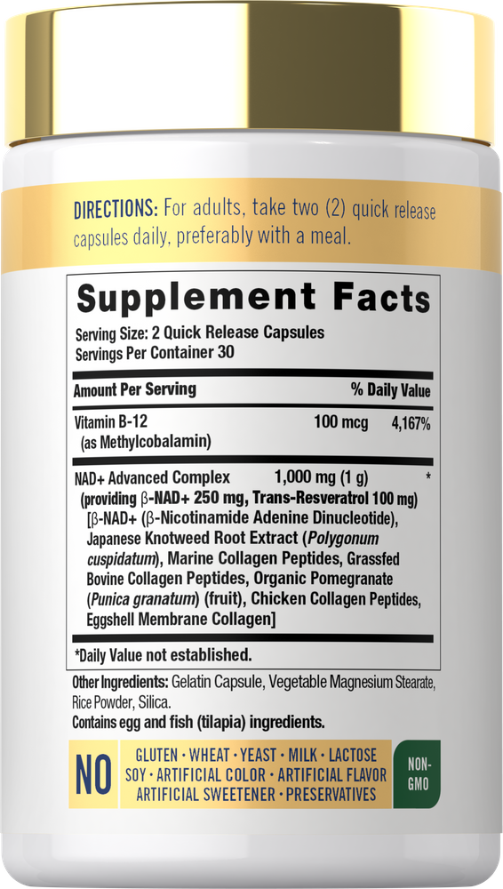 Supplement Facts for NAD Collagen Resveratrol 60 capsules displayed in a detailed panel.