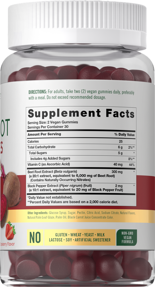 A clear plastic jar contains 60 reddish-purple round Beet Root gummies.