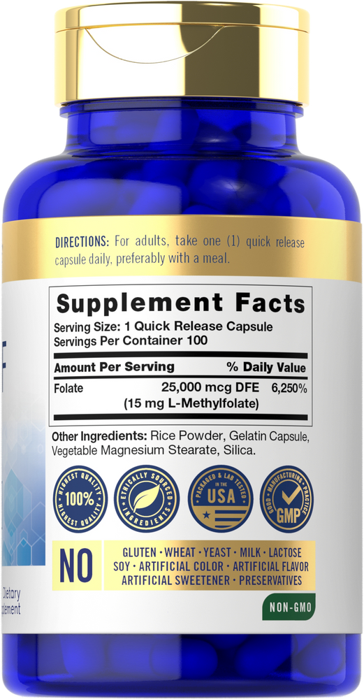 Carlyle 5-MTHF 15 mg capsules in a bottle, 100 count, displayed on a hand scale for bulk measurement reference.