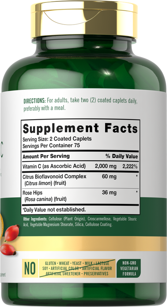 Bottle of Carlyle Vitamin C 2000 mg, 150 green coated caplets.