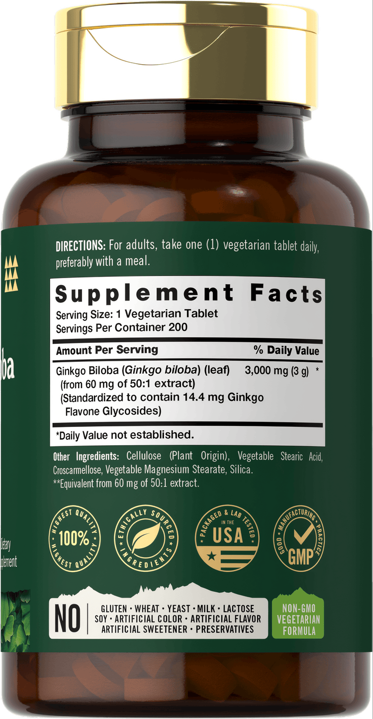 A bottle containing 200 tablets of Ginkgo Biloba, each 3,000 mg, placed on a scale to indicate size and weight for reference.