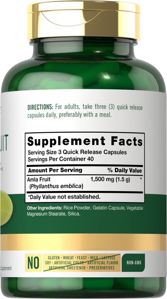 Amla fruit supplement, 120 quick release capsules, 1500 mg per serving of 3 capsules.