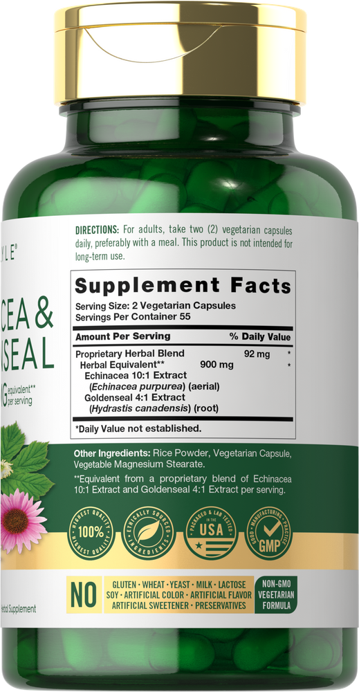 A bottle containing 110 green vegetarian capsules of Echinacea & Goldenseal, 900mg per serving of 2 capsules.
