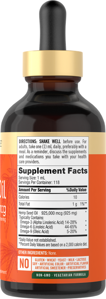 A 4 oz hemp oil tincture bottle labeled with 925,000 mcg per serving.