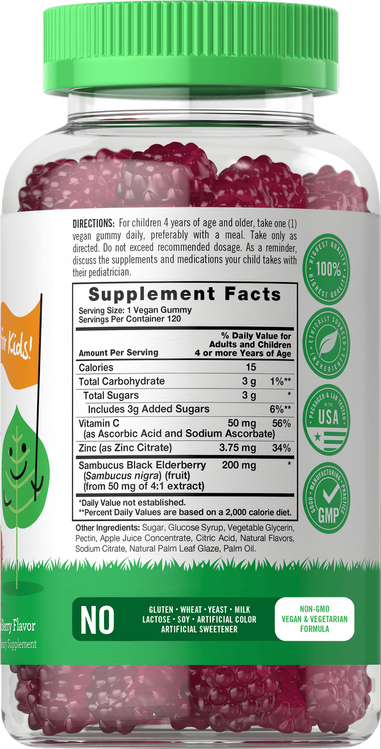 A hand holding a bottle of CL Kids Elderberry gummies, 120 count.