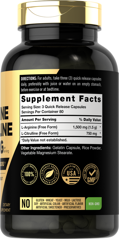 Hand holding a bottle of Carlyle L-Arginine L-Citrulline Complex 2250mg with 240 quick release capsules.