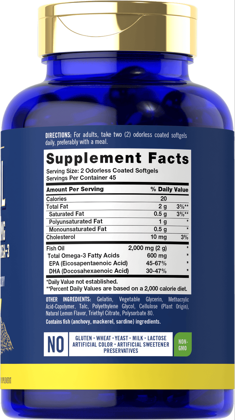 Label showing Supplement Facts for Odorless Fish Oil 2000mg, 90 Softgels.