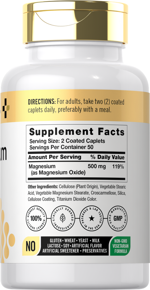 The image shows magnesium 500 mg caplets, with a serving size of 2 caplets, set on a hand-held scale.