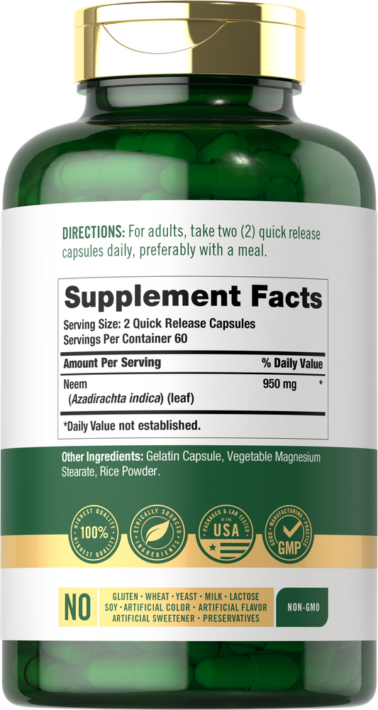 Green Neem Leaf 950mg capsules in bulk display on a digital hand scale, showcasing weight measurement.