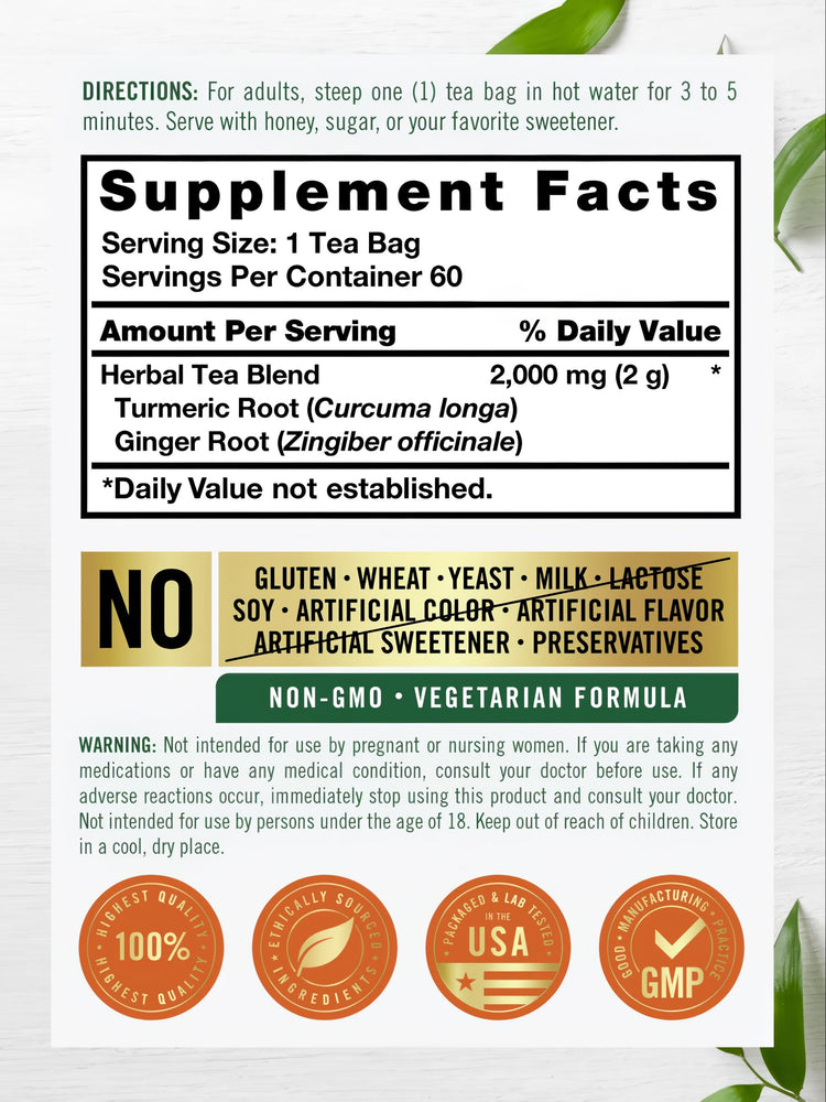 Turmeric Tea bag featuring a 2,000 mg (2 g) Herbal Tea Blend.
