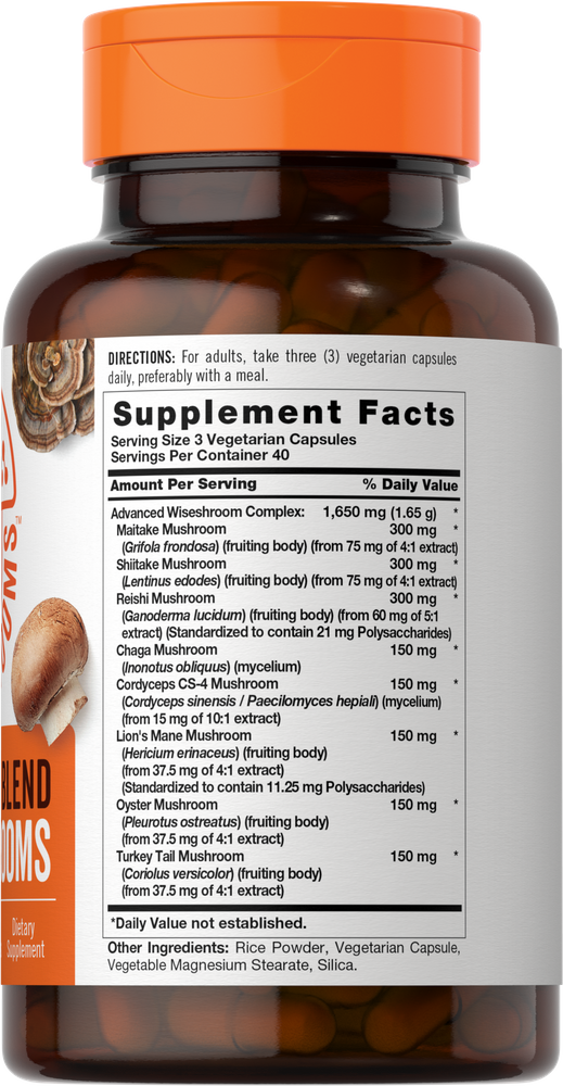 A bottle of Carlye WiseShroom containing 120 vegetarian capsules, shown on a hand scale for bulk measurement.