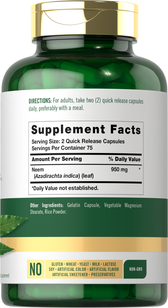 Green quick release capsules in a clear green bottle, containing 950 mg of Neem Leaf per 2 capsules.