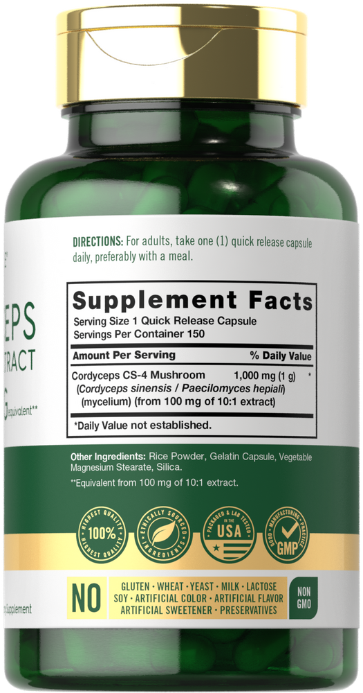 Hand holding green quick release capsules of Carlyle Cordyceps Mushroom Extract 1000 mg.