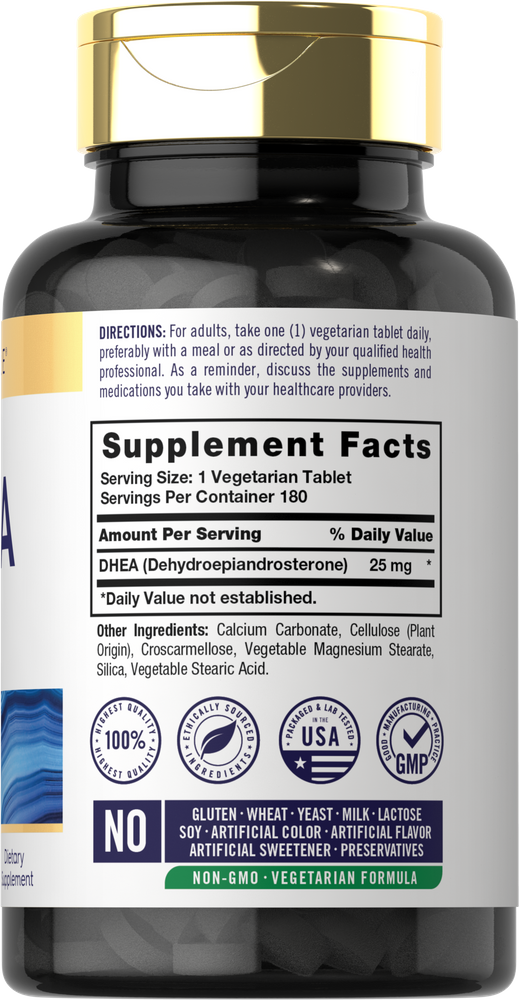 Hand holding a bottle of DHEA 25 mg vegetarian tablets, showcasing the product for scale and size.