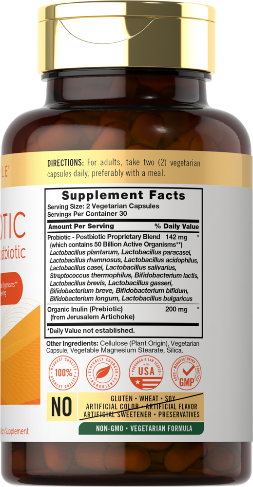 Carlyle Pre/Pro/Post Biotics 50 Billion, 60 Vegetarian Capsules bottle shown on a hand for scale.