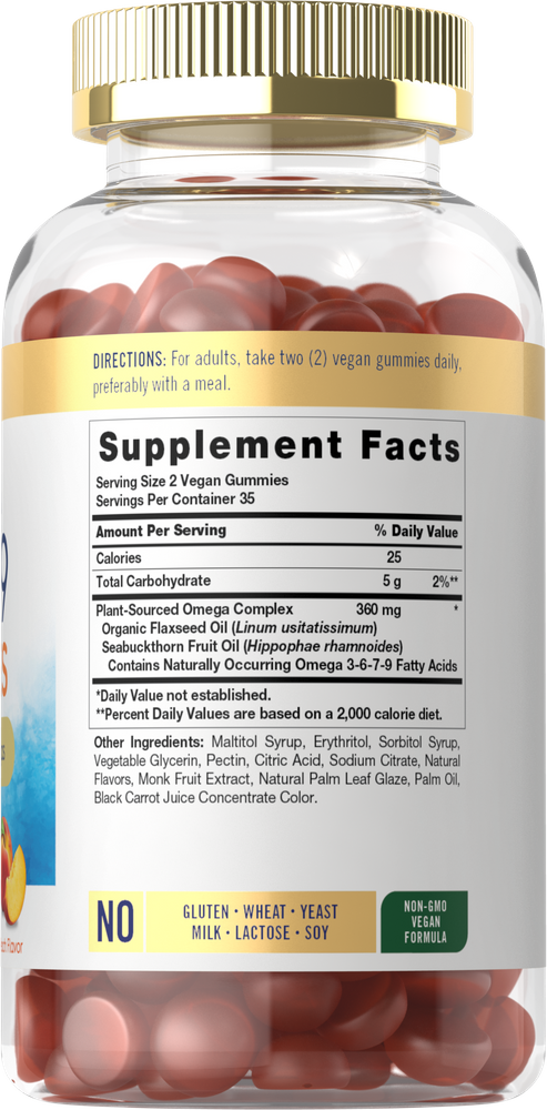 A clear jar containing 70 reddish-brown Omega 3-6-7-9 gummies is visible.