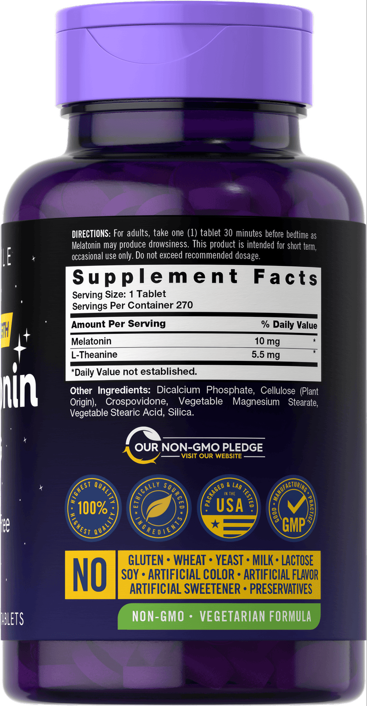 Carlyle Melatonin 10 mg bottle containing 270 tablets, designed for aiding sleep and presented on a hand-scale image.