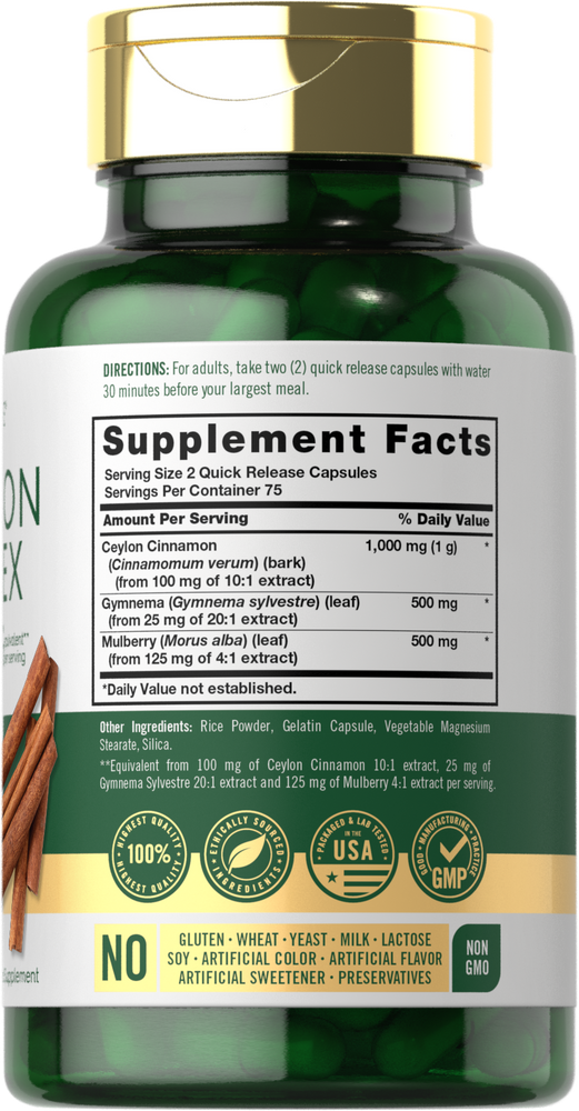 Carlyle Cinnamon Complex quick release capsules, 2000mg per 2-capsule serving, shown on a hand scale.