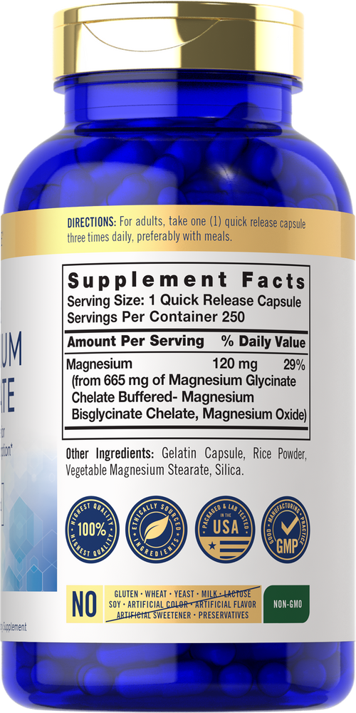 Quick Release Capsules containing 120 mg of Magnesium from 665 mg Magnesium Glycinate in a blue bottle.