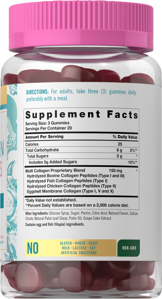 A clear jar contains 60 round, reddish-purple multi-collagen gummies.