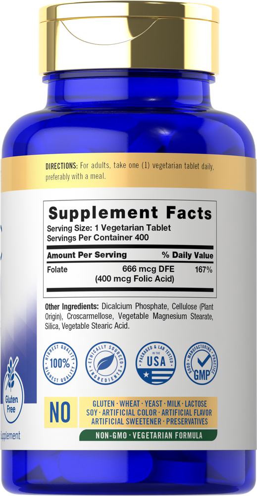 Vegetarian tablets by Carlyle with 400 mcg of folic acid, available in a 400 count bottle.