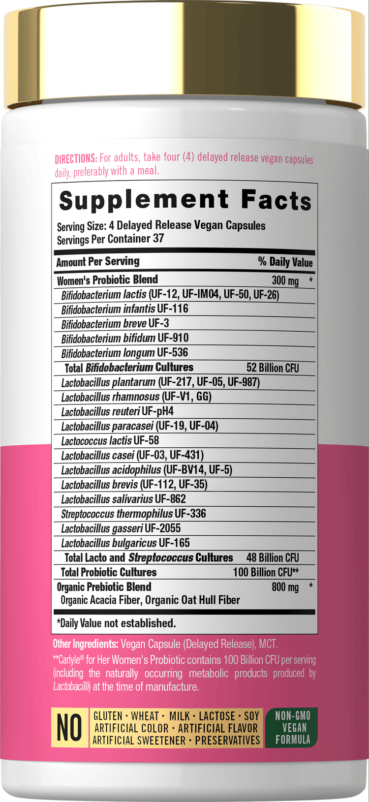 Women's Probiotic Blend, 100 Billion CFU, with Delayed Release Vegan Capsules, offers 37 servings per container.