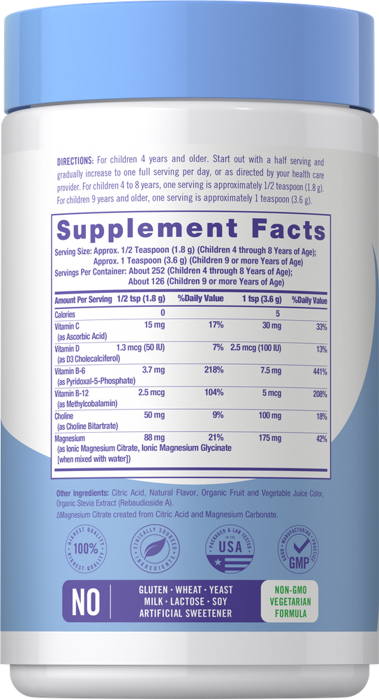 A Supplement Facts panel for CL Kids Magnesium Powder 16 OZ.