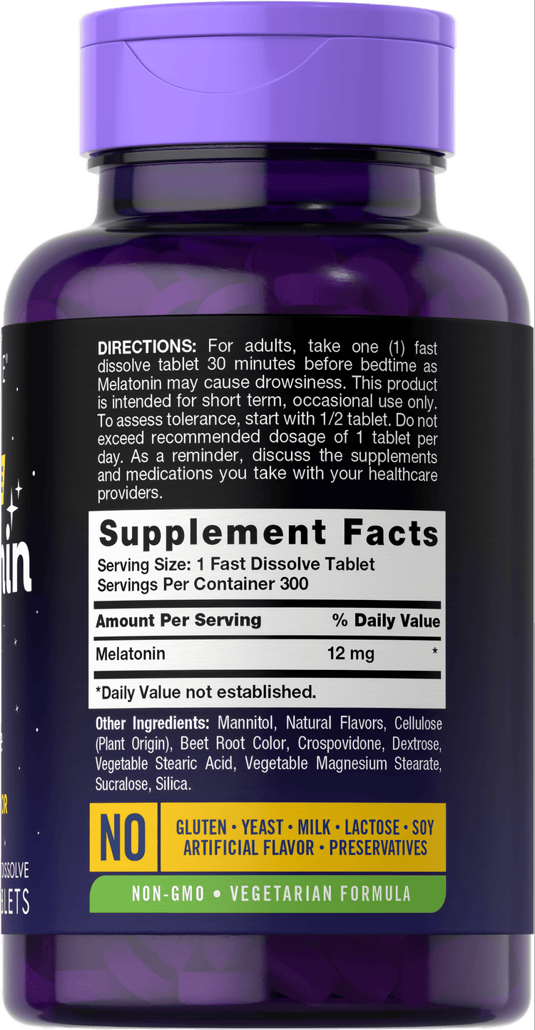 A hand holding a bottle of Melatonin 12 mg Fast Dissolve Tablets, 300 count, showcasing bulk scale for sleep aid supplements.