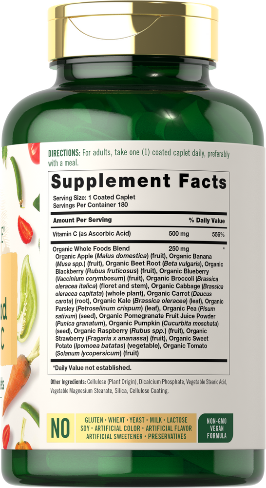 CL Carlyle Raw Whole Food plus Vitamin C, 180 coated caplets, displayed on a hand scale.