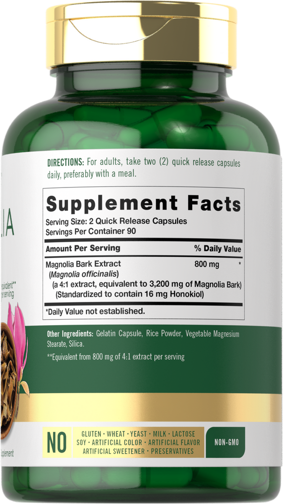 Carlyle Magnolia Bark 3200mg Quick Release Capsules, containing 800 mg extract per serving, shown on a hand scale.