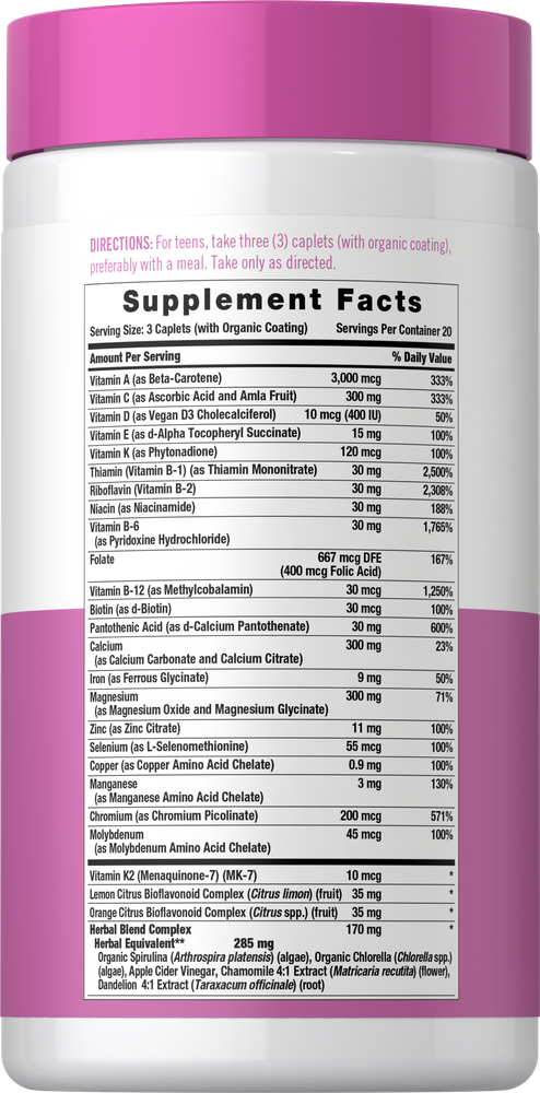 Supplement Facts panel detailing the ingredients of CL Teen Girl Multivitamin, available in a bottle of 60 tablets.