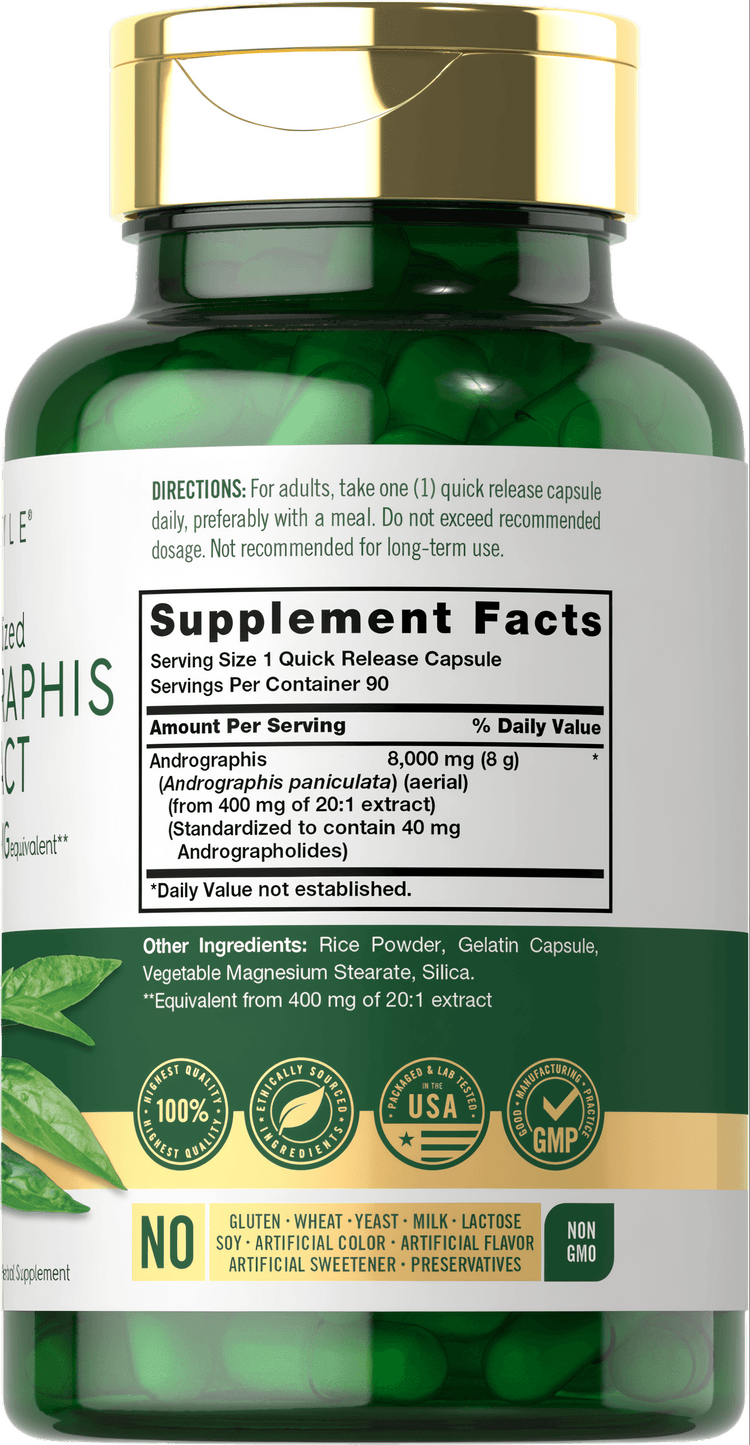Hand holding Andrographis Paniculata 8000 mg quick release capsules, showcasing product scale and size.
