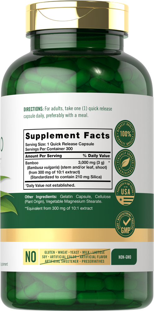 Bottle of green quick release capsules, each containing 3,000 mg (3 g) of Bamboo. Capsules are for bulk scale use.