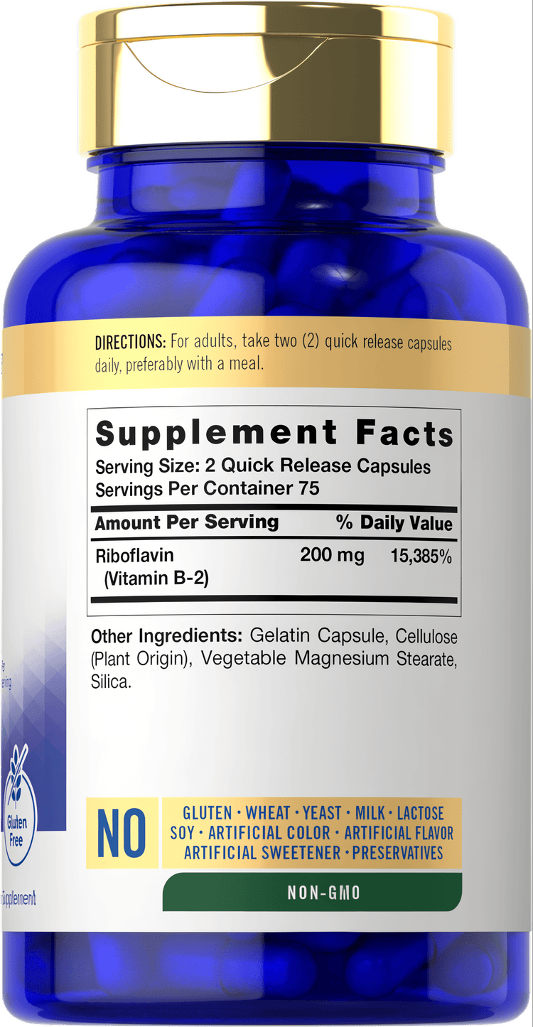 Blue quick release capsules in a bottle containing 150 capsules, offering 200 mg Riboflavin (Vitamin B-2) per 2-capsule serving.